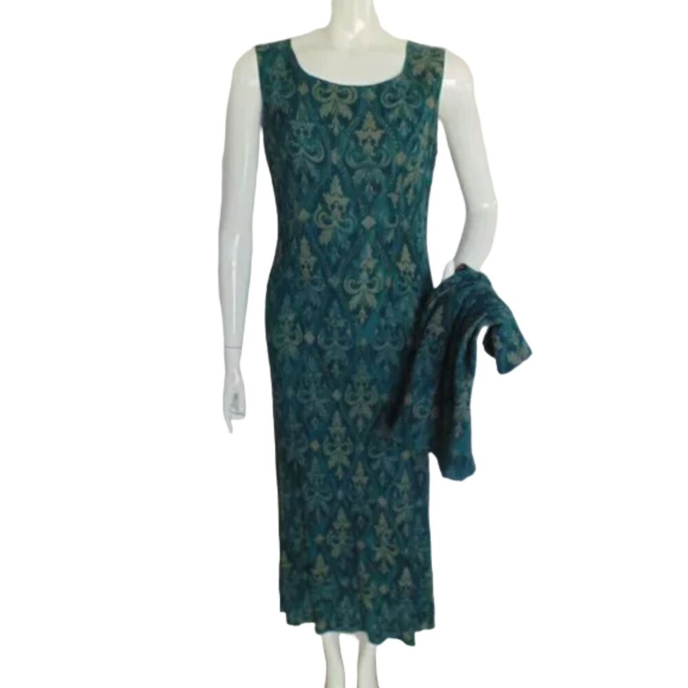 Karin Stevens Dress Set, 8, 2 pc, Cropped Jacket, Green/Tan Baroque print